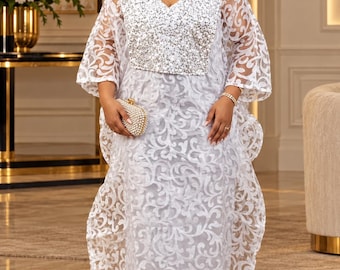 Boubou de encaje francés color blanco roto, elegante atuendo para invitada a boda nigeriana, caftán africano formal