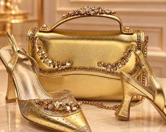 May include: A metallic gold handbag and a pair of matching slingback heels. The handbag features a top handle, a chain strap, and crystal embellishments. The pointed-toe heels have a flared heel, crystal accents, and a gold finish throughout.