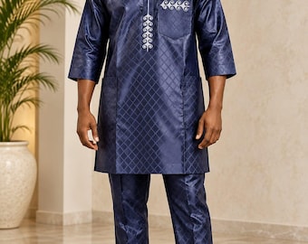 Navy Blue African Men’s 2 Piece Set, Guinea Brocade Tunic and Pants, Nigerian Traditional Outfit