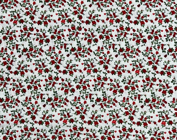 Tiny Red Roses on White Fabric Remnant | Timeless Treasures | "glamour ...