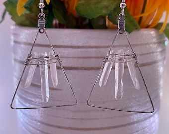 Crystal Point Earring, Aura Quartz Earring, Wire Wrap Pendant Crystal Earring, Healing Crystal, Boho Earring, Raw Stone Earring, Raw Quartz