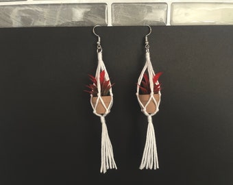 Plant Hanger Earring, Plant Pot Earring, Miniature Macrame Plant Earring Dangle, Macrame Earring, Boho Earring for Women, Faux Plant in Pot