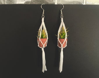 Small Plant Hanging Earring, Mini Macrame Plant Earring, Macrame Earring, Plant Lover Gift, Boho Jewelry for Women, Faux Plant Gift for Her
