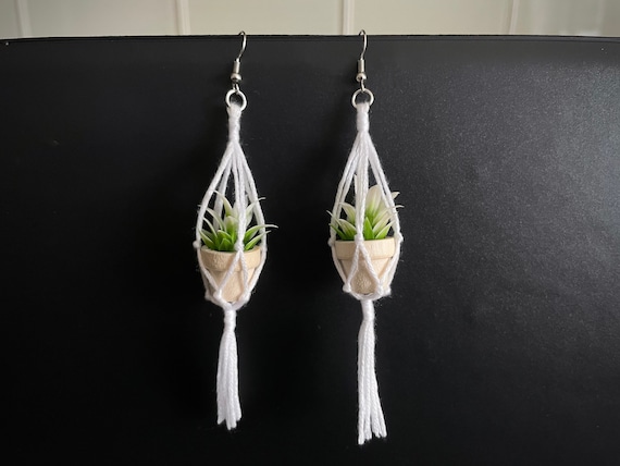 Plant Hanger Earring, Macrame Plant Earring, Macrame Earring, Mini Macrame Plant Earring, Boho Jewelry, Faux Plant Accessory, Gift for Her