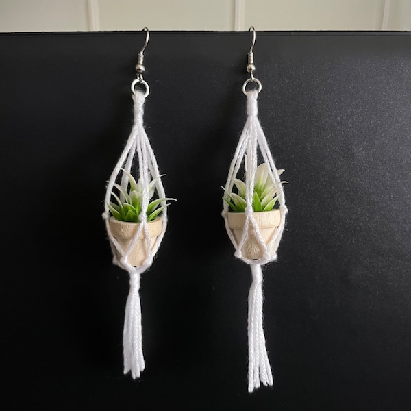Plant Hanger Earring, Macrame Plant Earring, Macrame Earring, Mini Macrame Plant Earring, Boho Jewelry, Faux Plant Accessory, Gift for Her
