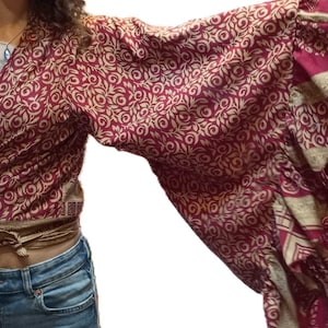 Shirt, blouse top recycled silk sari knotted wide bell sleeves with ruffle image 3