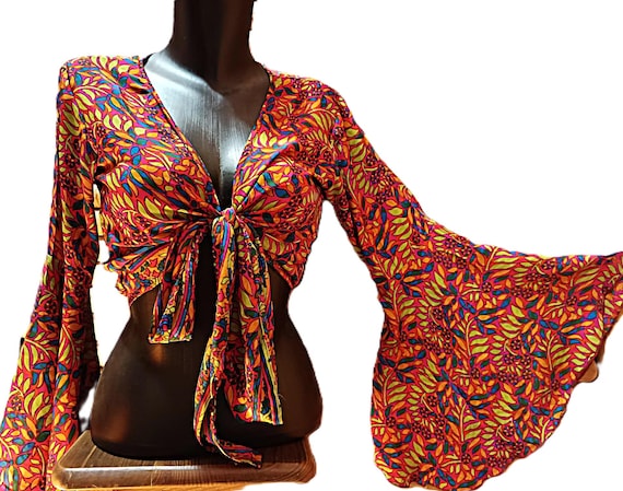 Camisa top blusa seda reciclada de sari, cruzado mangas  mariposa
