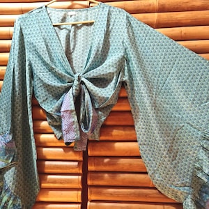 Shirt, blouse top recycled silk sari knotted wide bell sleeves with ruffle 2