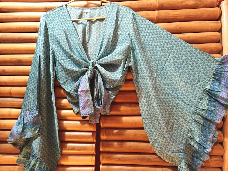 Shirt, blouse top recycled silk sari knotted wide bell sleeves with ruffle 2