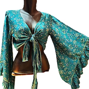 Shirt, blouse top recycled silk sari knotted wide bell sleeves with ruffle image 1
