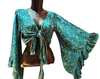 Shirt, blouse top recycled silk sari knotted wide bell sleeves with ruffle