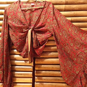 Shirt, blouse top recycled silk sari knotted wide bell sleeves with ruffle 7