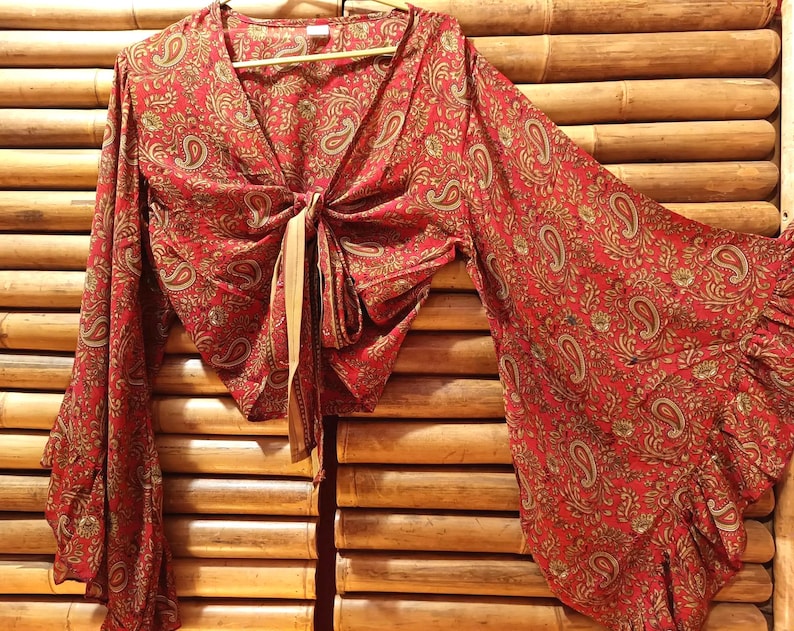 Shirt, blouse top recycled silk sari knotted wide bell sleeves with ruffle 7