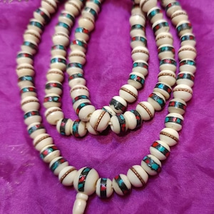 Mala, Japamala, Buddhist. 108 prayer beads, Tibetan, Yak bone with turquoise and coral inlays. Meditation, yoga.