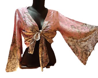 Recycled silk sari top blouse with Japanese-style bell sleeves. 100% silk. India.
