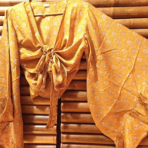 Shirt, blouse top recycled silk sari knotted wide bell sleeves with ruffle 4