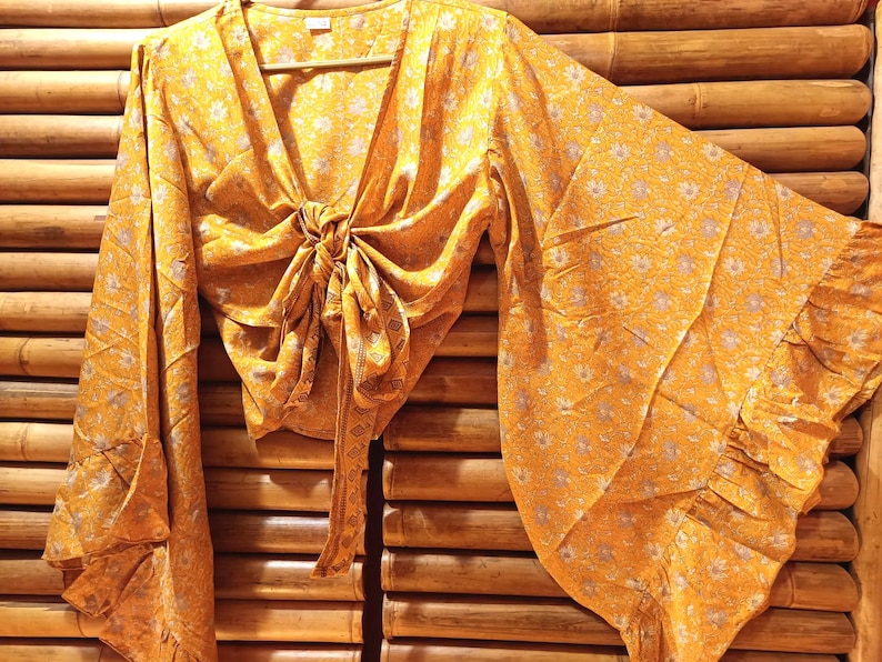 Shirt, blouse top recycled silk sari knotted wide bell sleeves with ruffle 4