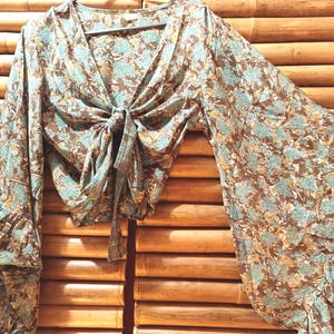 Shirt, blouse top recycled silk sari knotted wide bell sleeves with ruffle 3