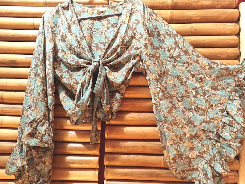Shirt, blouse top recycled silk sari knotted wide bell sleeves with ruffle 3
