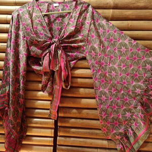 Shirt, blouse top recycled silk sari knotted wide bell sleeves with ruffle 14
