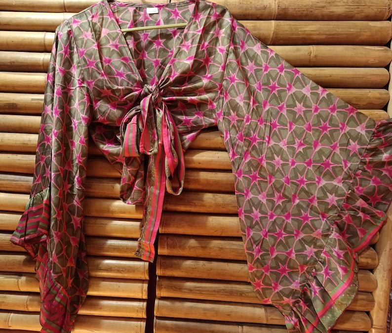 Shirt, blouse top recycled silk sari knotted wide bell sleeves with ruffle 14