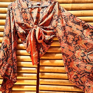 Shirt, blouse top recycled silk sari knotted wide bell sleeves with ruffle 15