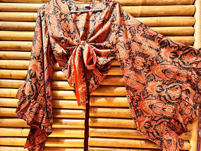 Shirt, blouse top recycled silk sari knotted wide bell sleeves with ruffle 15