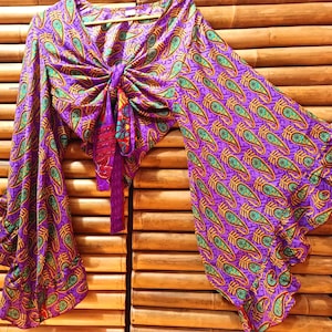 Shirt, blouse top recycled silk sari knotted wide bell sleeves with ruffle 1