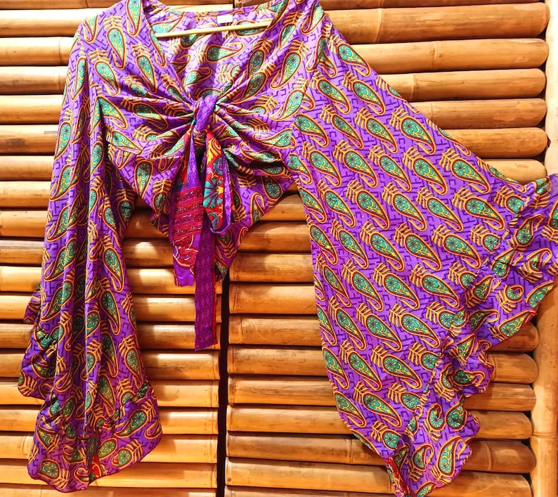 Shirt, blouse top recycled silk sari knotted wide bell sleeves with ruffle 1