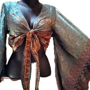 Shirt, blouse top recycled silk sari knotted wide bell sleeves with ruffle image 2