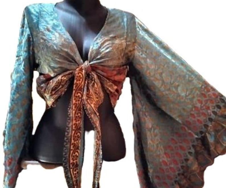 Shirt, blouse top recycled silk sari knotted wide bell sleeves with ruffle image 2