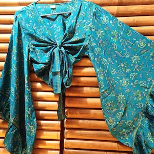 Shirt, blouse top recycled silk sari knotted wide bell sleeves with ruffle 9