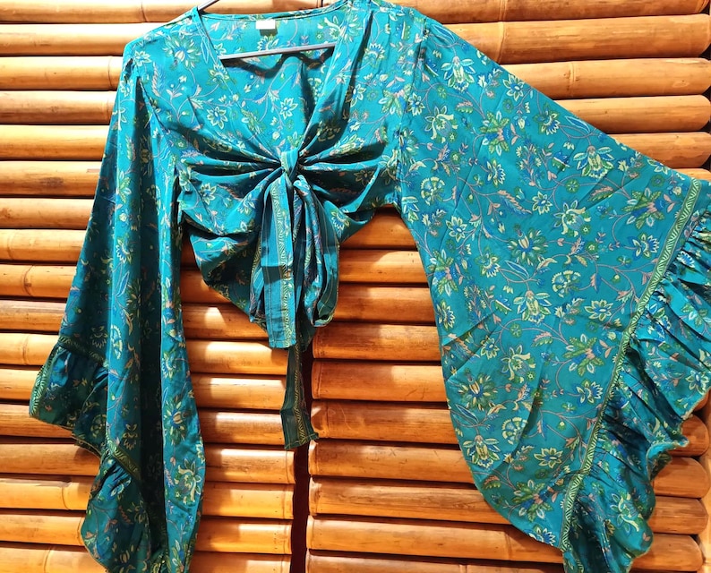 Shirt, blouse top recycled silk sari knotted wide bell sleeves with ruffle 9