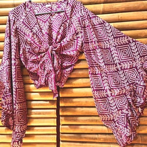 Knotted Japanese bell sleeve silk top shirt with ruffle