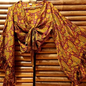 Shirt, blouse top recycled silk sari knotted wide bell sleeves with ruffle 5