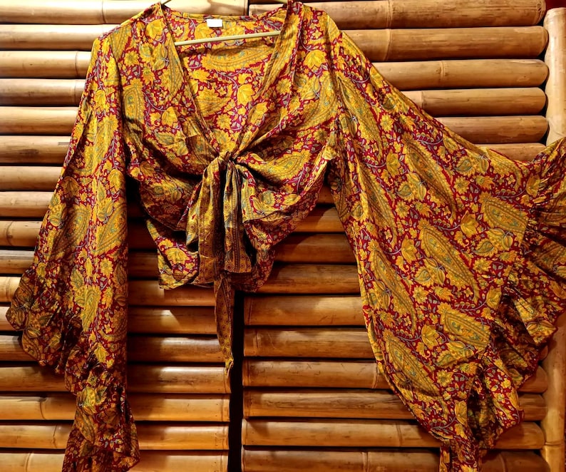 Shirt, blouse top recycled silk sari knotted wide bell sleeves with ruffle 5
