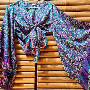 Shirt, blouse top recycled silk sari knotted wide bell sleeves with ruffle 6