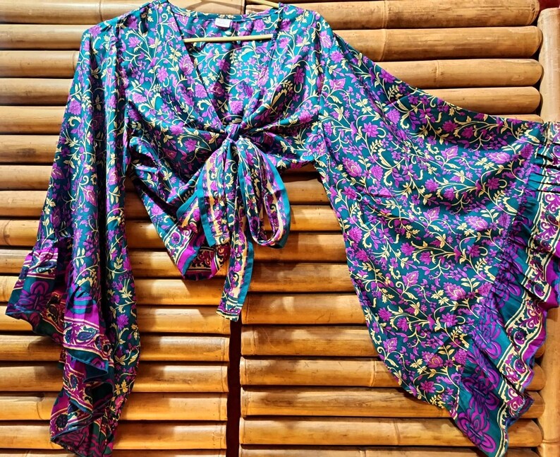Shirt, blouse top recycled silk sari knotted wide bell sleeves with ruffle 6