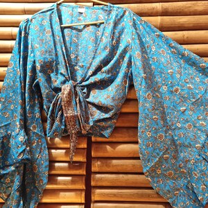Shirt, blouse top recycled silk sari knotted wide bell sleeves with ruffle 8