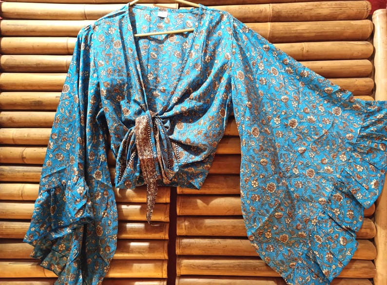 Shirt, blouse top recycled silk sari knotted wide bell sleeves with ruffle 8