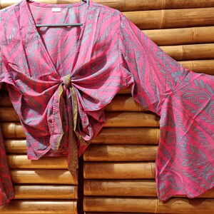 Top blouse made of recycled silk sari fabric, with butterfly sleeves 6
