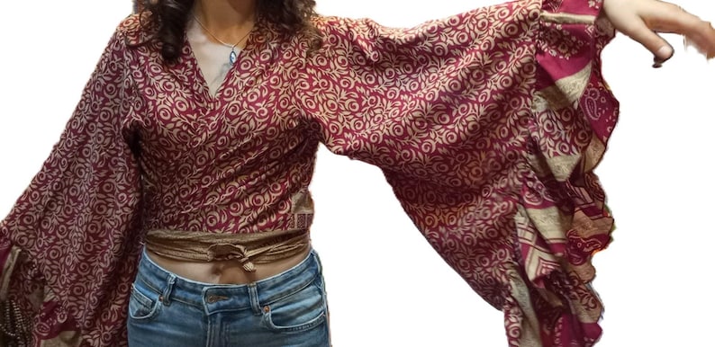 Shirt, blouse top recycled silk sari knotted wide bell sleeves with ruffle image 3
