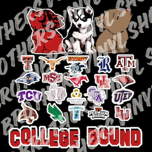 May include: A black background with a variety of college logos in white outlines. The logos include Texas, TCU, UTEP, UTRGV, and more. The text "COLLEGE BOUND" is in red letters at the bottom of the image.