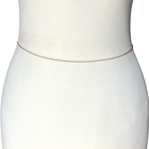 Peut inclure: Une fine chaîne de corps dorée. La chaîne est fine et pend autour de la taille d'un mannequin. La chaîne est composée de petits maillons reliés. Ce bijou de corps est un accessoire de mode.
