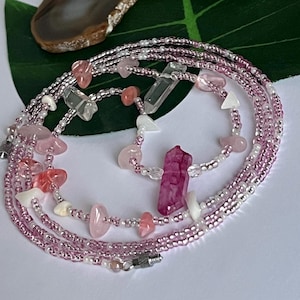 Raw Quartz Crystal Waist Bead: Rose Quartz, Mother of Pearl