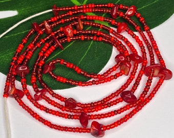 Red Coral Waist Beads - Belly Beads - Weight Loss Beads - Crystal Waistbeads - Body Beads - Waist Adornment - Boho Body Beads - Clasp/Tie On