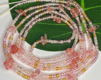 Perles de taille en quartz cerise - Perles de taille africaines - Bijoux de taille - Perles de taille roses - Perles de perte de poids - Perles de taille en cristal - Perles de chakra