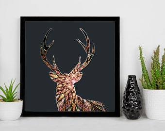 Mystic Stag Framed Print | Deer Wall Hanging | Kaleidoscope Design Elk | Stag Wall Art | Antlers