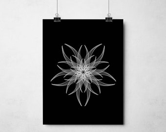 Black and White Abstract Flower Painting, Floral Wall Art, Dining Room Decor, Sacred Geometry Mandala Poster