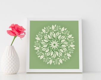 Green Flower Mandala Framed Wall Print, Geometric Nature Meditation Art